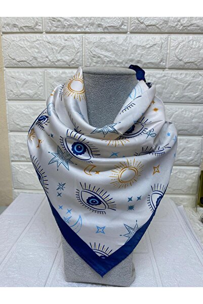 sema aksesuar Beyaz Mavi Nazar Boncuklu Göz Desenli- Güneş Ay Yıldız Desenli Rayon Kumaş Fular
