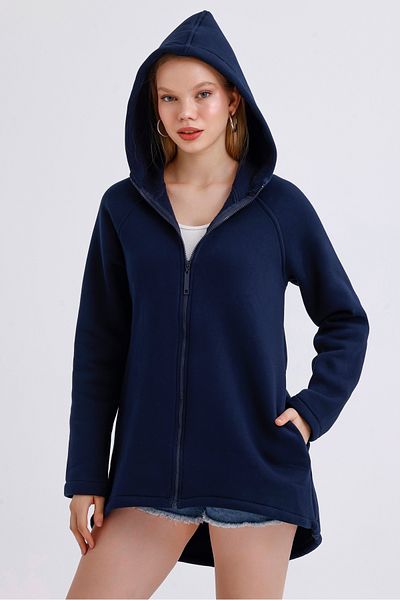 MD trend Women's Hooded Zipper Closure Asymmetrical Fleece Inside Three Thread Oversize Sweatshirt