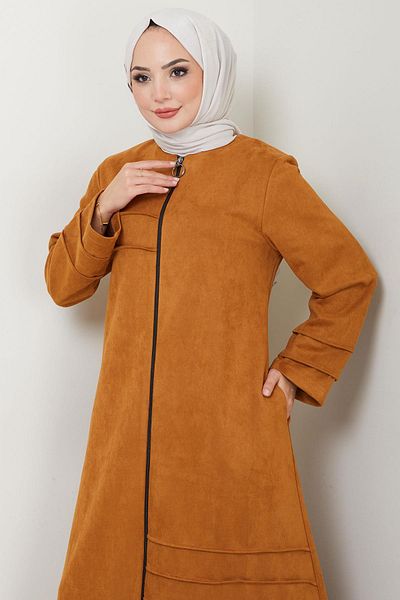 hafsamina Asymmetrical Ribbed Detailed Suede Ferace Tan Hm2545