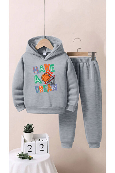 LAPS Children's Have a Dream Writing Printed Bottom Top Tracksuit Set Gray