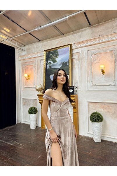 Sindimoda Victor Yaka Tasarım Kadife Abiye 582679 Vizon