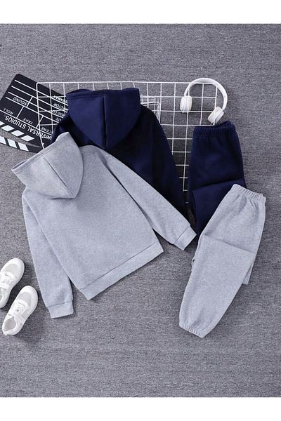 MORNİNG KİDS Girl-Boy 4-Piece Hooded Los Angeles-Brooklyn Printed Sweatshirt-Tracksuit Set (Grey Navy)