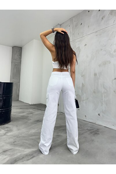 BİKELİFE Beyaz Kargo Cepli Likralı Yüksek Bel Wide Leg Pantolon