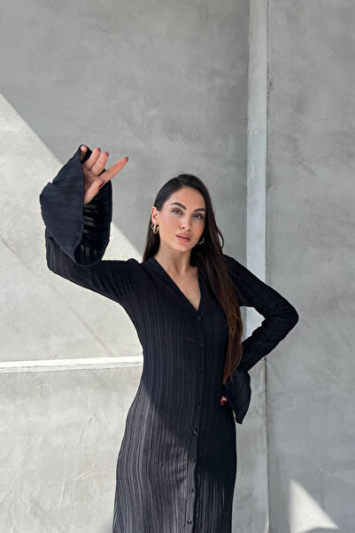Seda Yalçın Atelier Black Pleated Buttoned Sleeve Detailed Long Dress