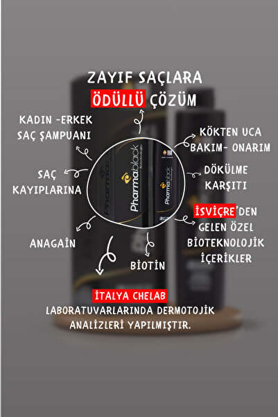 Pharmablack Saç Dökülmesine Karşı Şampuan Anagain Phtokertatin Bioitn, Zeytin Yaprağı At Kestanesi 250 ml 5adet