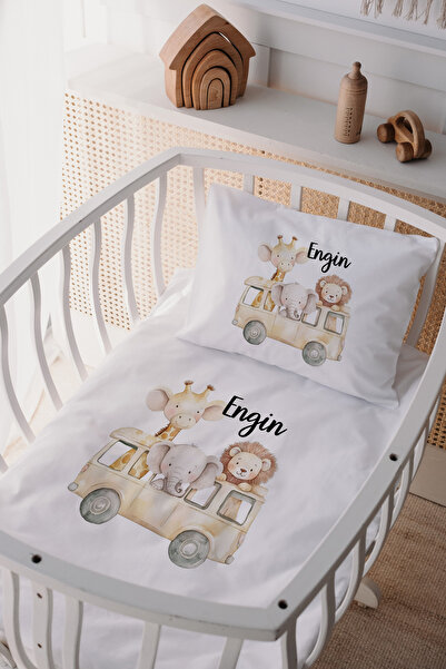 Lilabio %100 Pamuk Saten Isme Özel Isimli Anne Yanı Beşik Nevresim Takımı Safari