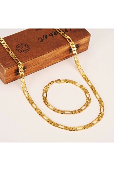 BERS AKSESUAR Figaro Erkek Veya Kadın Bileklik Ve Kolye Zincir Seti Altın Kaplama