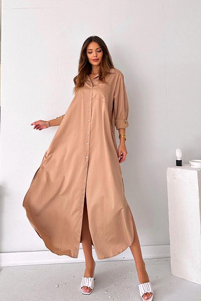 Mine Tan Butik Μπεζ πουκάμισο φόρεμα - με σκίσιμο και λεπτομέρεια τσέπης