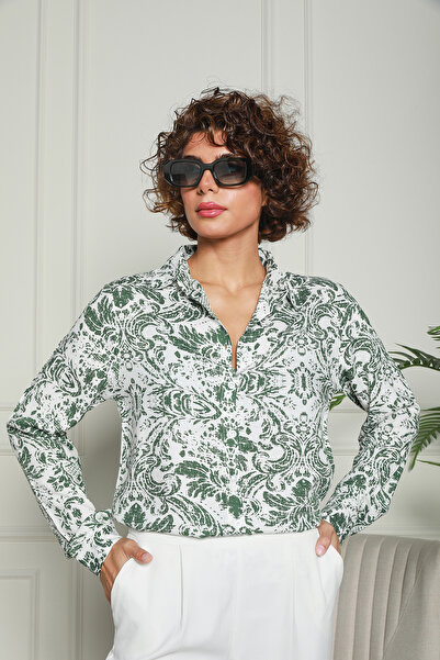 Butik Desenli Viskon Ekru Haki Gömlek 1500044