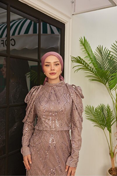 Hülya Keser Omuz Detaylı Taş Süsleme Abiye - Gül Kurusu