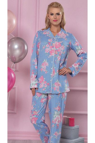 Pelin Pijama Costum de pijama cu nasturi în față-2268 Albastru