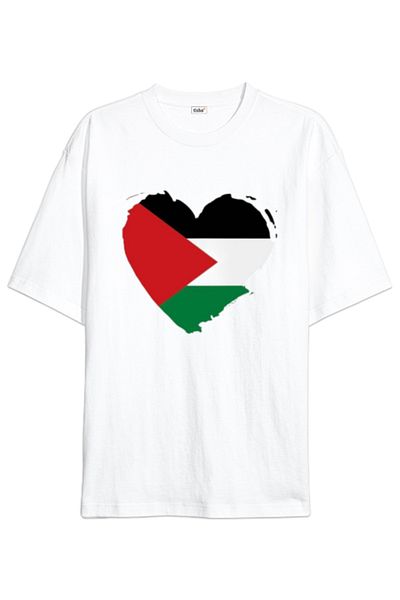 Pink Sky Palestine Printed White Unisex Oversize T-shirt - Tshirt