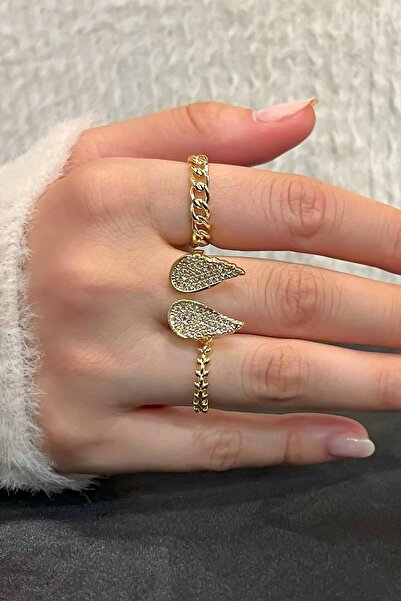 TREND COLLECTİON Zirkon Taşlı Gold Zarif Ayarlanabilir Melek Kanadı, Zincir, Yaprak Taç 3'lü Kadın Yüzük Seti