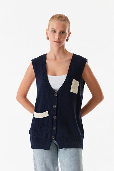 Fulla Moda V-Neck - Double Pocket Knitwear Sweater