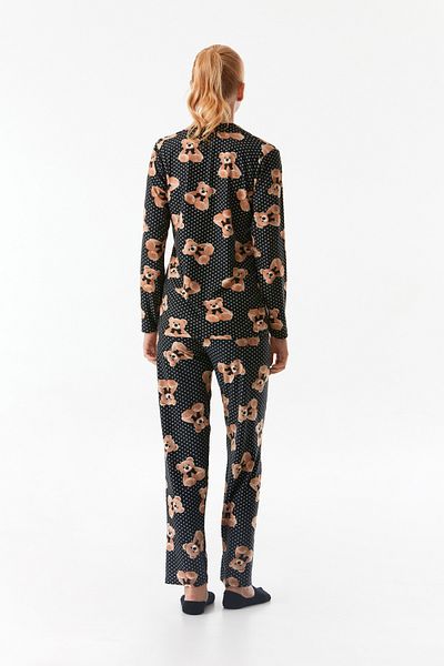 Fulla Moda Set de pijamale din piele intoarsa cu guler de camasa cu model ursuleti