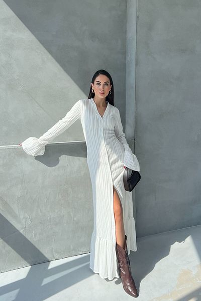 Seda Yalçın Atelier Ecru Pleated Buttoned Sleeve Detail Long Dress