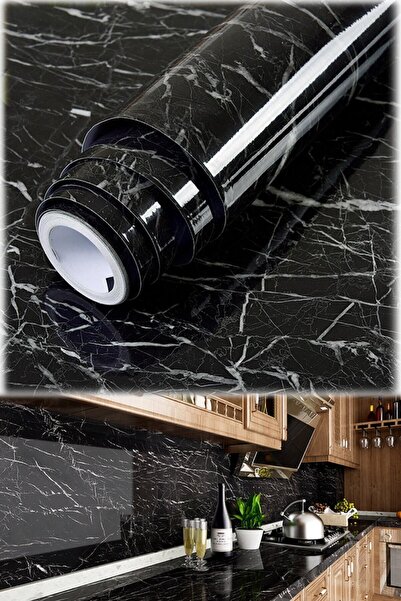 Genel Markalar Siyah Yapışkanlı Mermer Görünümlü Masa Tezgah Dolap Mutfak Ban...