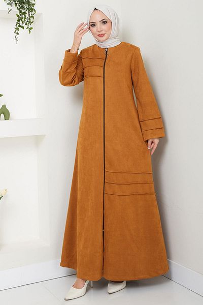 hafsamina Asymmetrical Ribbed Detailed Suede Ferace Tan Hm2545
