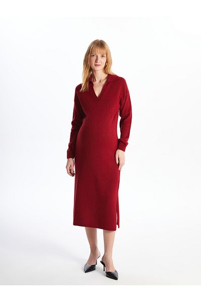 LC Waikiki Schlichtes, langärmliges Umstands-Strickkleid mit Polokragen