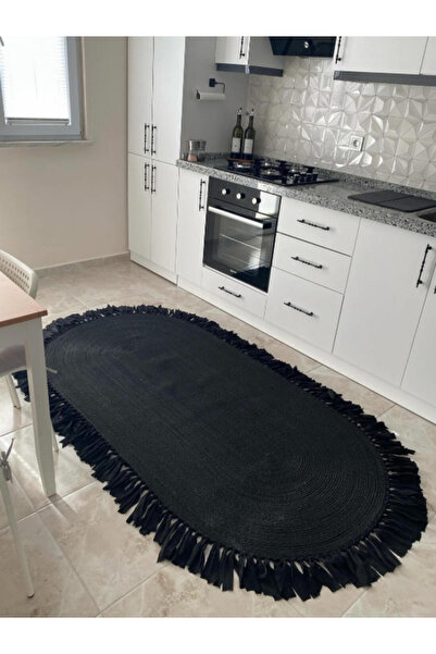Halımax Milda 44 Jüt Hasırlı El Örgüsü Kilim Siyah Püsküllü Jüt Halı