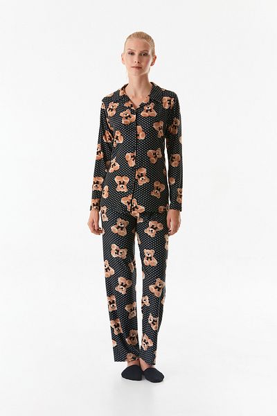 Fulla Moda Set de pijamale din piele intoarsa cu guler de camasa cu model ursuleti