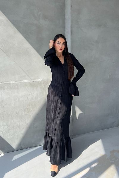 Seda Yalçın Atelier Black Pleated Buttoned Sleeve Detailed Long Dress