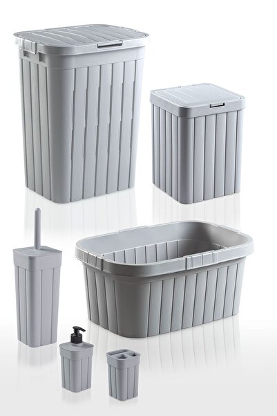 plastyol 6'lı Çeyiz Seti - Kirli Çamaşır Sepeti, Sele Ve 4'lü Banyo Seti - Gri