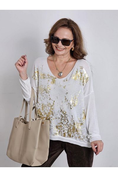 Felix Butik Feli̇x12707 V-Neck Gold Leaf Imported Cream Knitwear Blouse