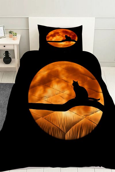 Else Dekor Single Black Cat Full Moon Patterned Quilted Quilt Pillow