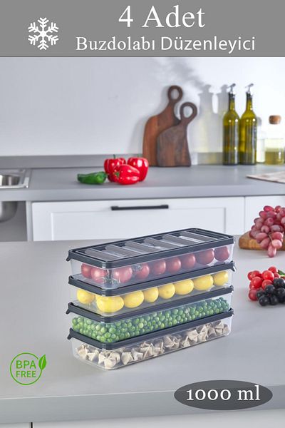 Livonelli 4 Pieces Gray 1 Lt Refrigerator and Microwave Storage Container - Refrigerator Organizer