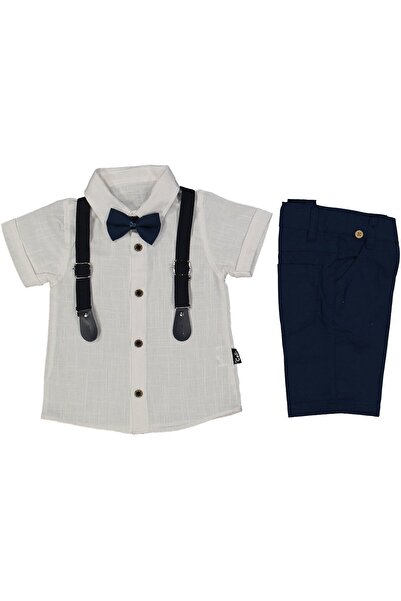 bebegen طقم قميص كتان أبيض للأولاد مع شورت كحلي وربطة عنق