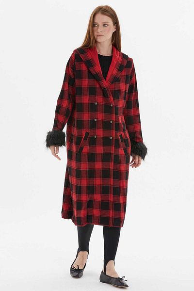 Two Mail Long Black-Scarlet Knitwear with Fur Detail