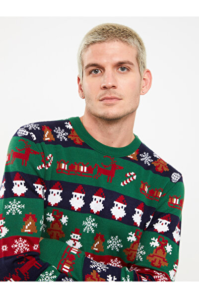 LC Waikiki Langärmliger Herren-Strickpullover mit Rundhalsausschnitt und Neujahrsmotiv