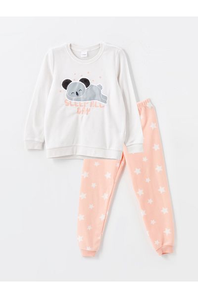 LC Waikiki Crew Neck Embroidered Fleece Girl's Pajama Set
