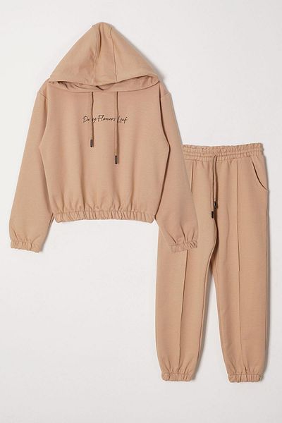 zepkids Hooded Long Sleeve Daisy Flowrs Leaf Printed Beige Color Girl's Two-Piece Set