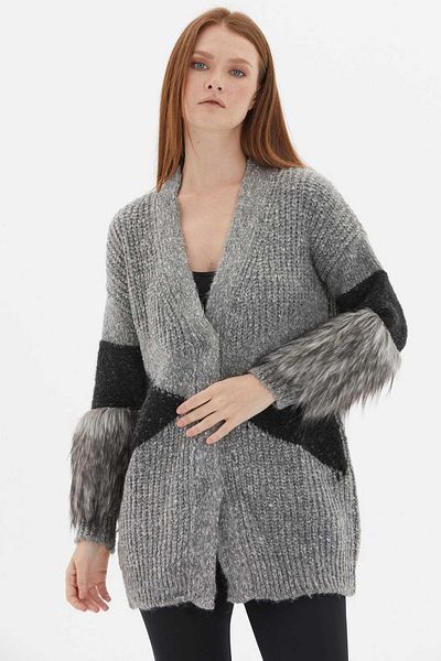 Two Mail Grey-Anthracite Knitwear Fur Detailed