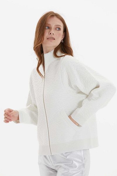 Two Mail Embossed Patterned Cardigan - Bone Color