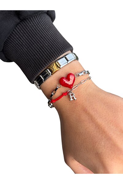 derokas Kalp Murano Ve Kırmızı İp Harfli Zarif Çelik Zincir Bileklik 2li Set