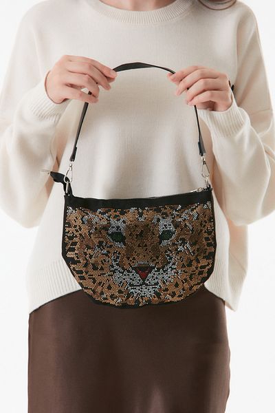 Fulla Moda Zippered Stone Detailed Shoulder Bag