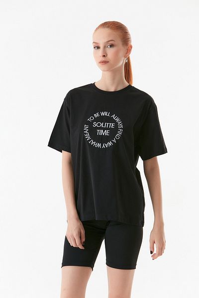 Fulla Moda Crew Neck Text Embroidered Oversize T-Shirt