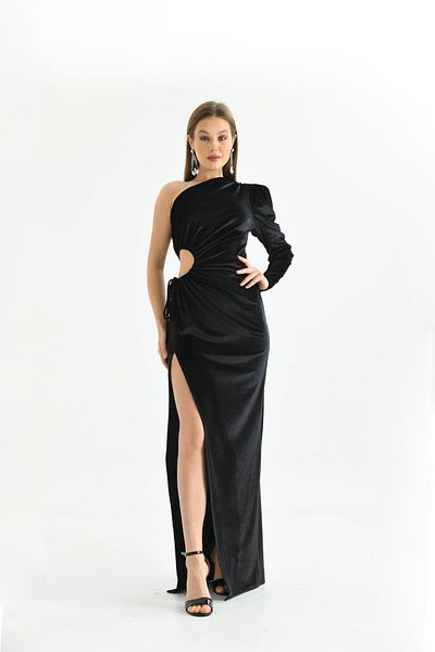 Neşeli Butik Black Women's Padded One Sleeve Long Evening Dress Nbs9299