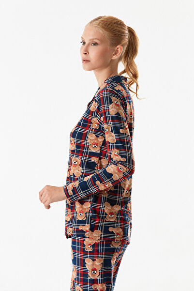 Fulla Moda Teddy Bear Patterned Shirt Collar Suede Pajama Set