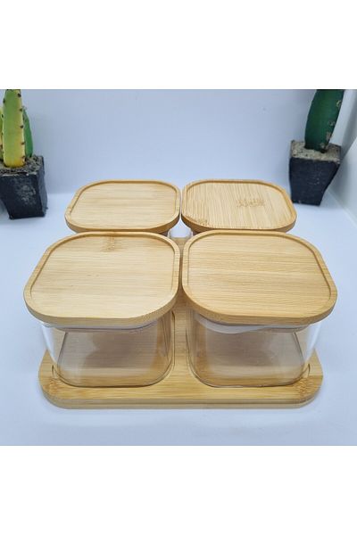 MİEN 4-Piece Bamboo Glass Storage Set - Stylish for Breakfast, Spice Rack and Kitchen Organization