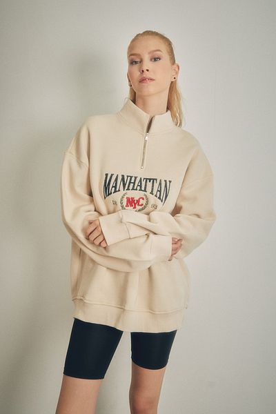 Fulla Moda Hanorac oversize cu jumătate de fermoar brodat Manhattan