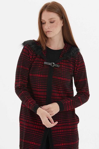Two Mail Black-Red Long Cardigan - Fur Detailed