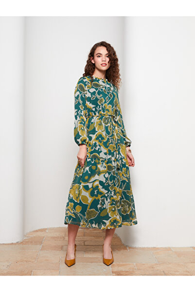 LC Waikiki Ruffled High Collar Patterned Long Sleeve Women's Dress