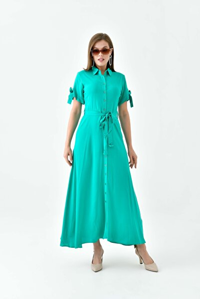 Saade Rochie țesută cu guler cămașă verde - Detaliu mâneci și cu brâu