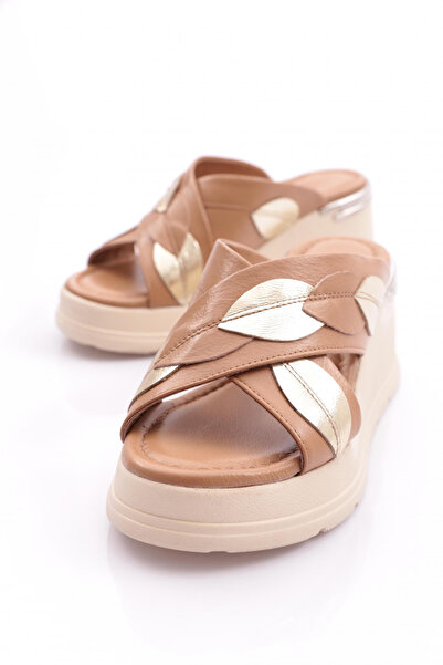 DGN Women's Patterned Cross Banded Thick Sole Slippers Capıcıno Gold Genuine Leather 471035433993