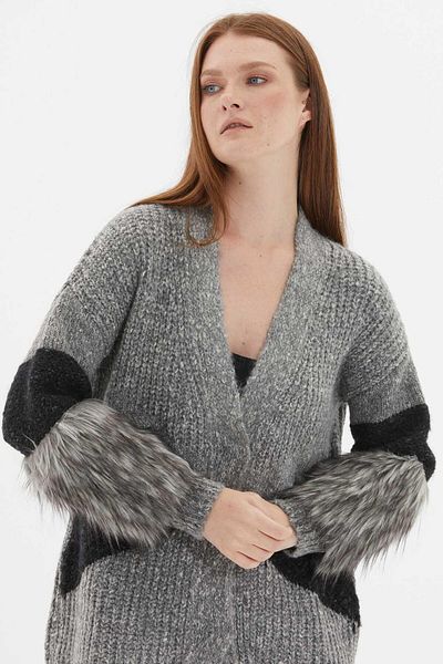 Two Mail Grey-Anthracite Knitwear Fur Detailed