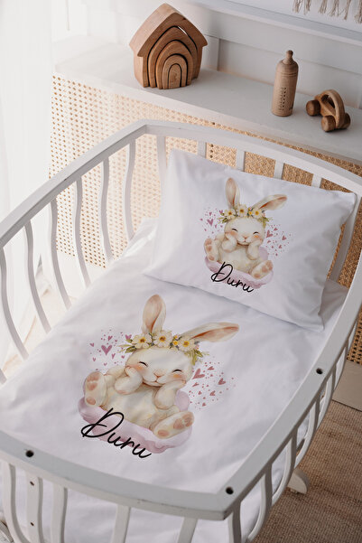 Lilabio %100 Pamuk Saten Isme Özel Isimli Anne Yanı Beşik Nevresim Takımı Tavşan